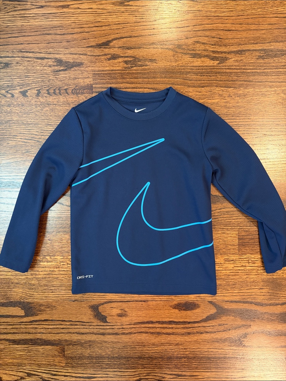 Nike Kids Long Sleeve Tee in Navy with Bright Blue Swoosh